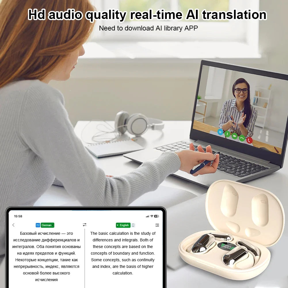 AI Translator Earbuds 144 Languages 3-In-1 Noise Cancelling Bluetooth 5.3 Headset Instant Translator Smart Voice Real Time