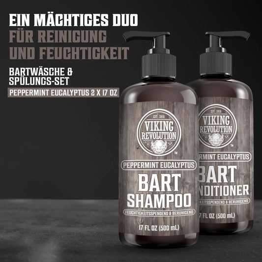 Viking Revolution Bart Shampoo & Conditioner Set - Erweicht, Glättet & Stärkt Den Bartwuchs - Natürlicher Pfefferminz- & Eukalyptusduft - Geschenke Für Männer - 2 X 500 Ml
